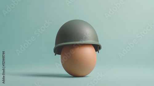 Surreal egg concept featuring a military helmet on a pastel background photo