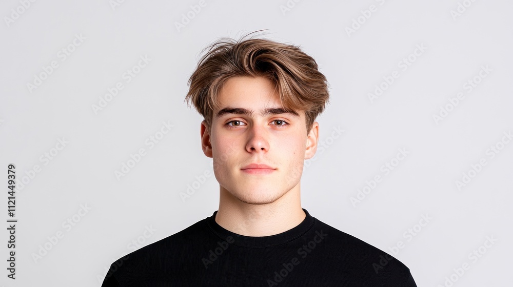 A young man with styled hair posing against a plain background.