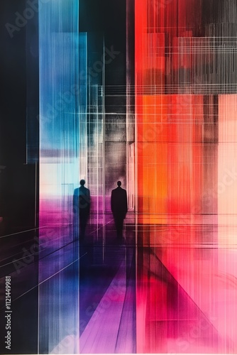 Two human silhouettes in modern architectural space divided by contrasting colors. Abstract composition with geometric lines in blue, purple and red gradient