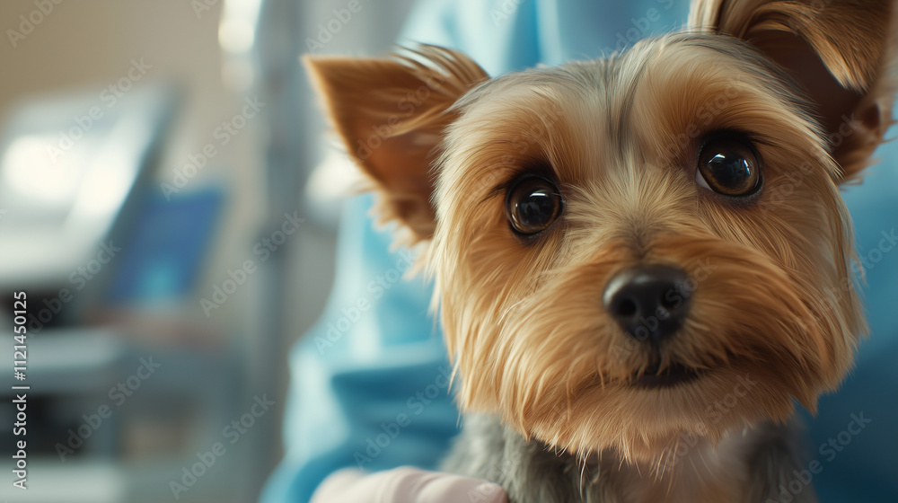Cute dog looking to the camera while being held by veterinarian at the vet clinic, yorkshire terrier at the vet clinic, pet health, pet treatment, dog health Cute dog looking to the camera while being held by veterinarian at the vet clinic, yorkshire terrier at the vet clinic, pet health, pet treatment, dog health
