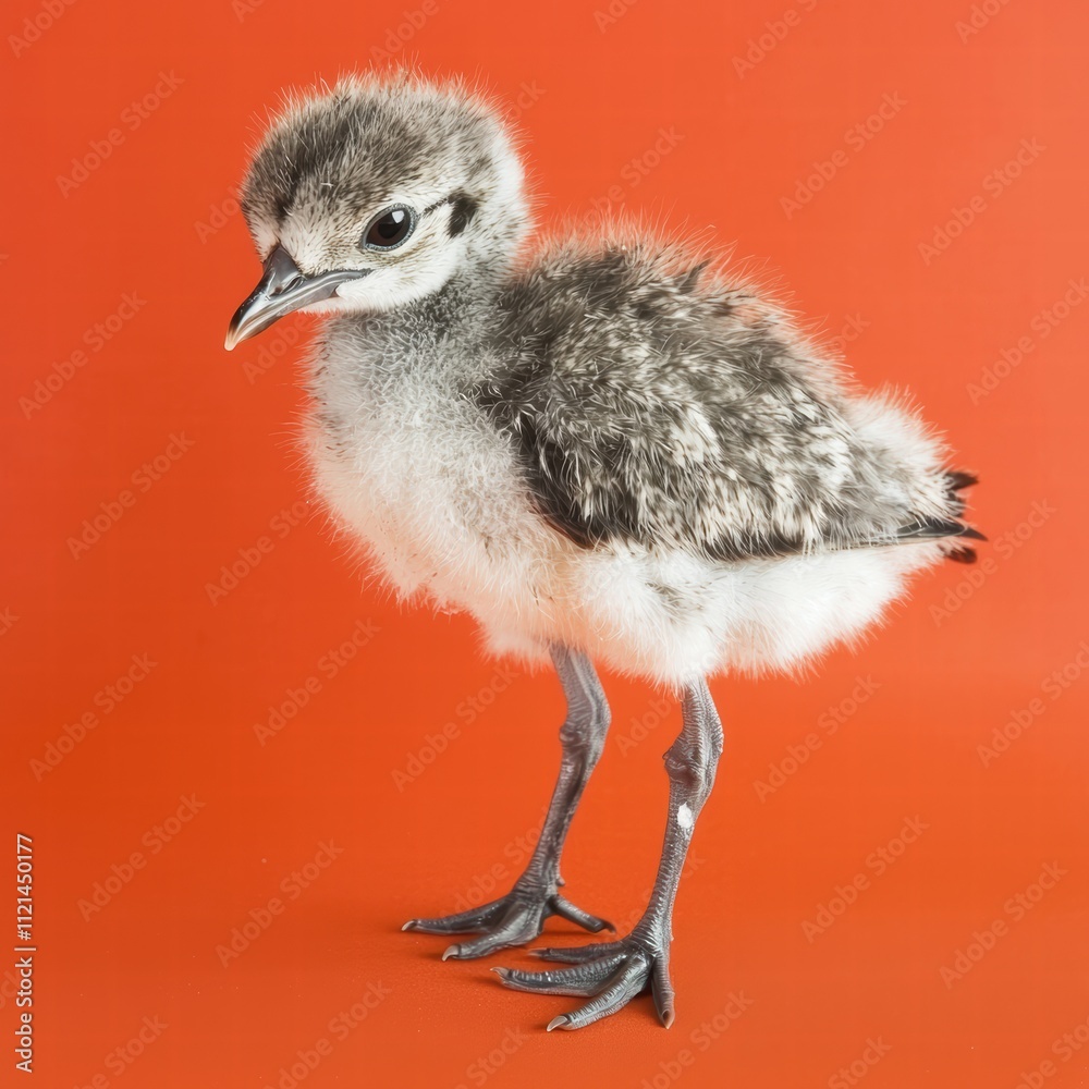 Fototapeta premium Cute fluffy chick standing on bright red background in studio