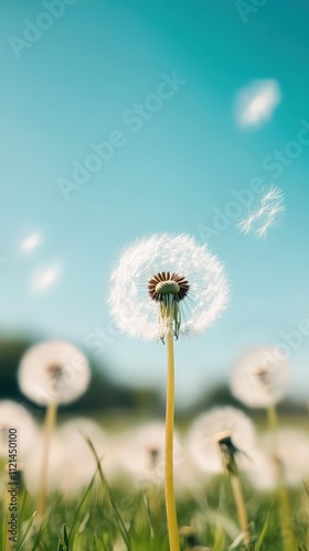 Dandelions in a sunny meadow sway gently under a clear blue sky