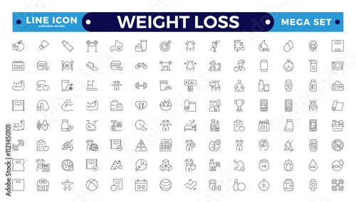 Weight Loss icon set. Containing healthy lifestyle, weight training, body care and workout or exercise equipment icons.  Editable stroke outline icon.
