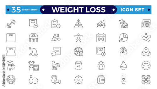 Weight Loss icon set. Containing healthy lifestyle, weight training, body care and workout or exercise equipment icons.  Editable stroke outline icon.
