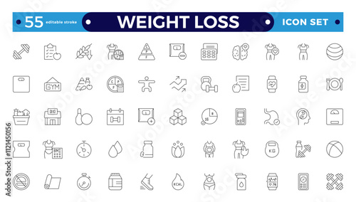 Weight Loss icon set. Containing healthy lifestyle, weight training, body care and workout or exercise equipment icons.  Editable stroke outline icon.
