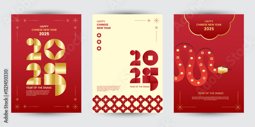 Set of 2025 Chinese new year modern art poster, year of the snake for cover, greeting card, banner template design with modern geometric style snakes on colourful, red background. Chinese zodiac