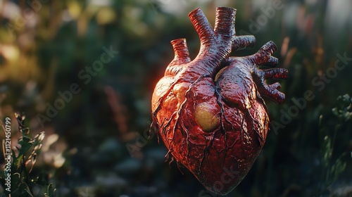 3D anatomical rendering of a human heart, with a focus on the cardiac conduction system and its components photo