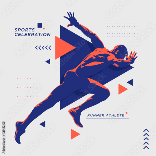 illustration of the silhouette of a sprint athlete. runner athlete with stylized flash of color on white background and geometric ornament. National sports day celebration concept