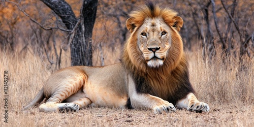 Majestic male lion resting in savanna grassland, under a tree. photo