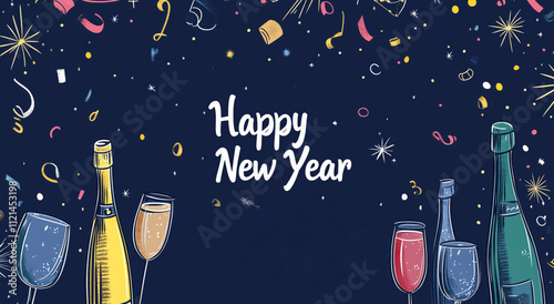 Festive New Year's celebration with champagne and confetti.