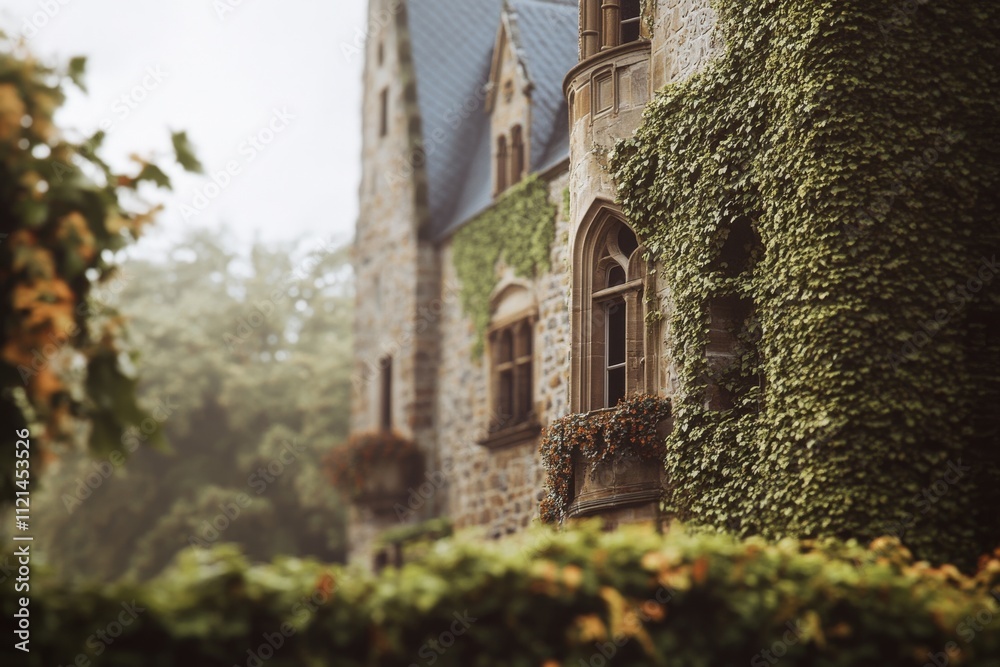 Lush ivy drapes the facade of a majestic stone mansion, bathed in soft light, creating a serene and enchanting scene.