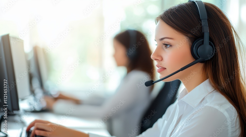 Young woman provides support to customers in a call center environment Young woman provides support to customers in a call center environment