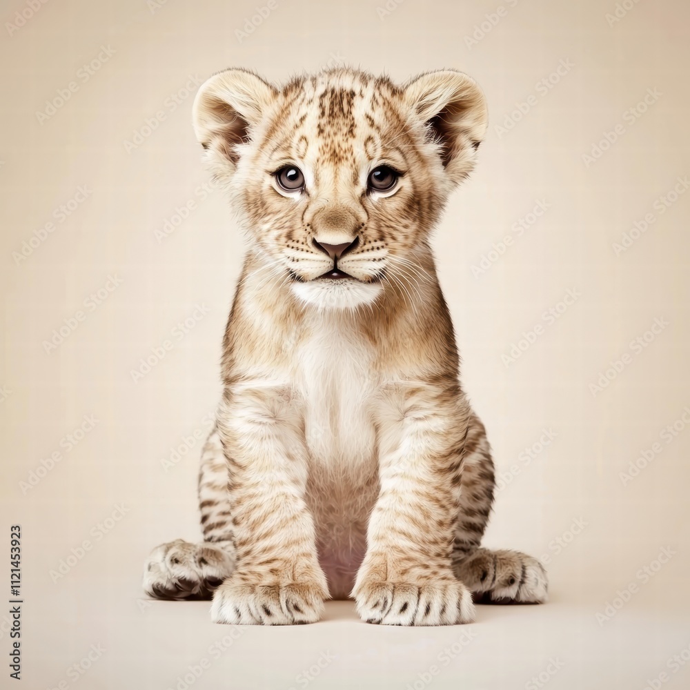 Obraz premium Adorable young lion cub with piercing eyes, soft fur and unique expression