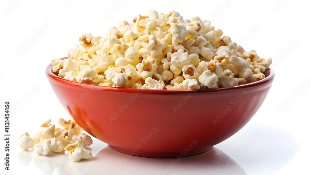 A red bowl of popcorn, isolated on a white background, showcasing a tasty and crunchy snack perfect for movie nights, parties, and casual gatherings A red bowl of popcorn, isolated on a white background, showcasing a tasty and crunchy snack perfect for movie nights, parties, and casual gatherings