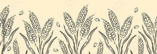 Hand drawn seamless border design featuring elegant wheat sheaves and detailed edging patterns vector illustration