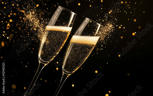 Two champagne flutes toasting amid golden sparkles on a black background. photo