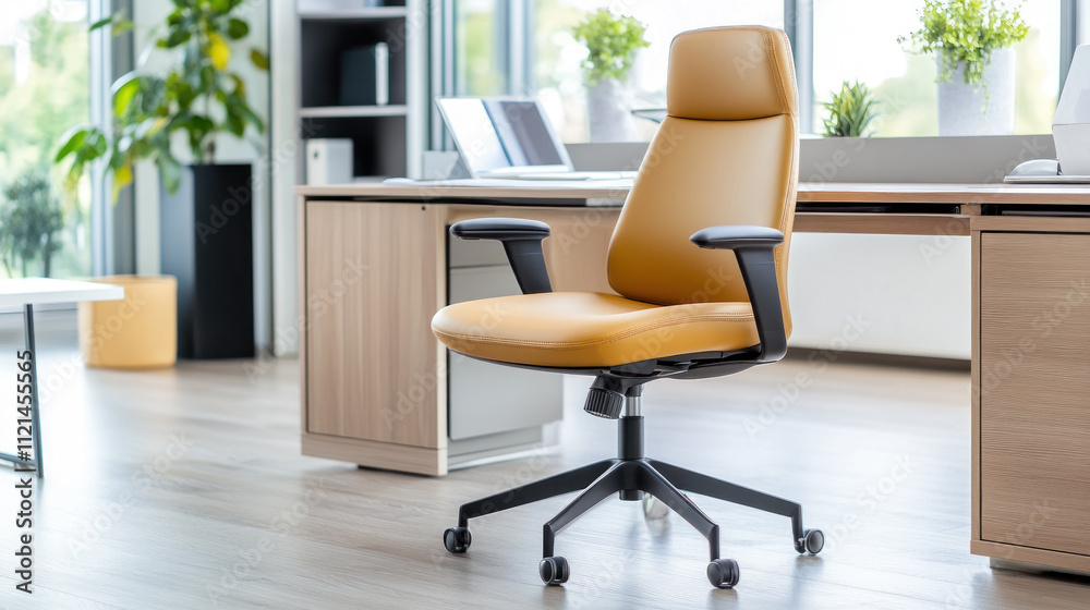 Yellow office chair with back and armrests, business concept and power Yellow office chair with back and armrests, business concept and power
