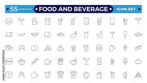 Food and Beverage outline icon set. Containing fork, spoon, knife, plate, cloche, tray, chef hat, beverage, food, dining table, and waiter.  Editable stroke outline icon.