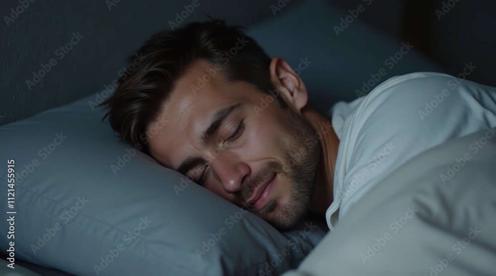 Man Sleeping Peacefully With a Smile on a Gray Pillow in Soothing Bedding Man Sleeping Peacefully With a Smile on a Gray Pillow in Soothing Bedding