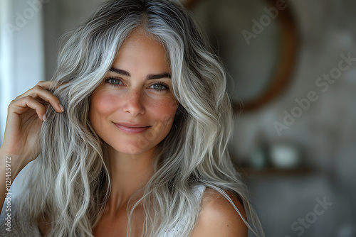 Beautiful middle-aged woman with gray hair, smiling while combing her hair in front of a mirror, embracing natural beauty and self-care. 