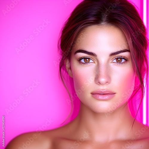 Stunning portrait of a woman with radiant skin against pink backdrop