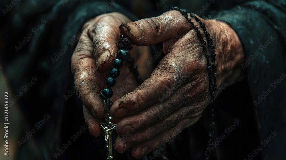 A scene of people praying with their hands together and holding rosary beads A scene of people praying with their hands together and holding rosary beads