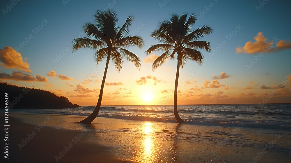 Serene sunset over tropical beach with palm trees Serene sunset over tropical beach with palm trees
