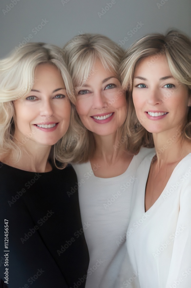 Three smiling middle-aged women posing closely together. Three smiling middle-aged women posing closely together.