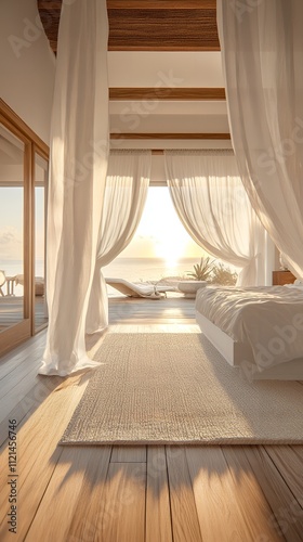 夕日と白いカーテンが揺れるビーチフロントのリラックスしたベッドルーム | Relaxing Beachfront Bedroom with Flowing White Curtains and Sunset View