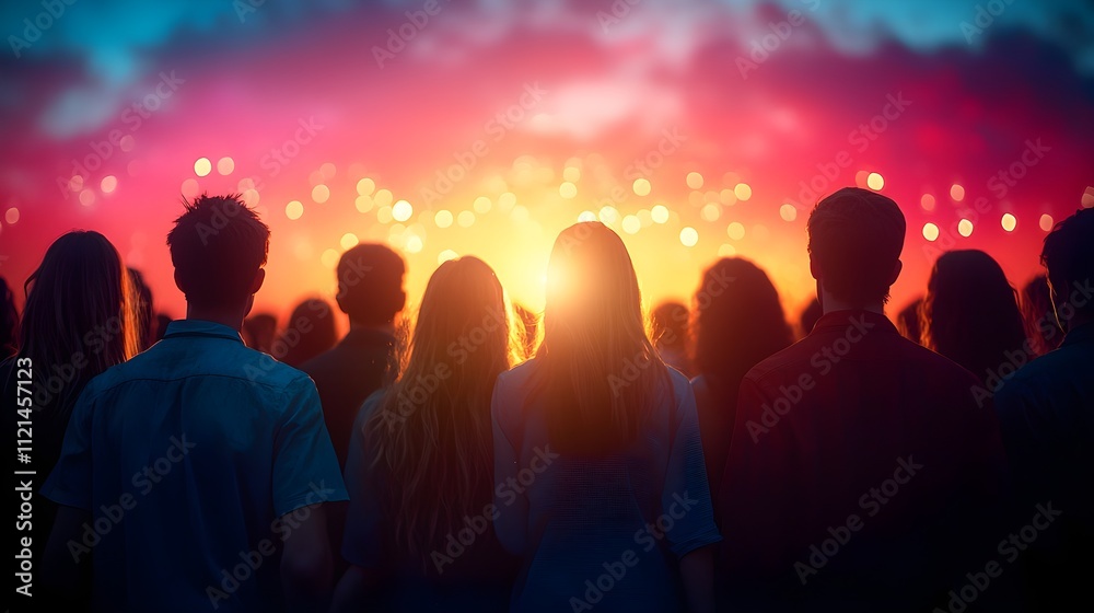 Silhouetted crowd watching a vibrant sunset at a festival Silhouetted crowd watching a vibrant sunset at a festival
