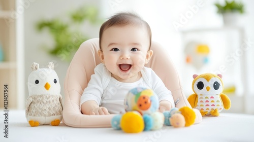 Adorable Baby Smiling with Colorful Toys in Soft Play Area, Cheerful Atmosphere of Joy and Innocence in the Comfort of a Modern Home Setting