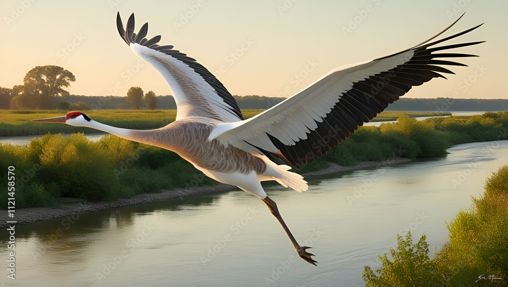Fototapeta premium World Migratory Bird Day, sandhill crane bird flying on river, Generative Ai