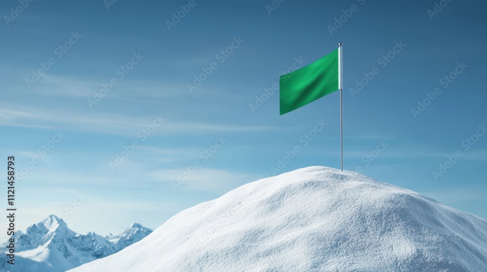 Fototapeta premium Green flag stands proudly atop a snowy mountain peak under a clear blue sky