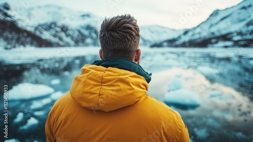 Back view of a man in a yellow jacket, hands in pockets, observing the tranquil scene of an icy mountain lake with floating icebergs, against a dusky sky. photo