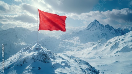 Red flag waving atop a snowy mountain peak under blue skies photo