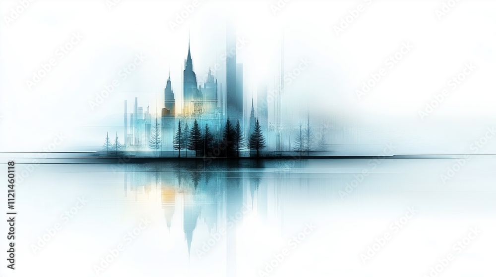 Fototapeta premium Winter cityscape with pine trees reflecting in still water. Misty urban landscape with skyscrapers in blue tones and soft yellow light