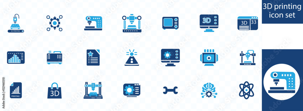 3D printing icon set. Containing 3D printer, modeling, filament, 3D scanner, additive manufacturing, prototype and more. 3D printing icon set. Containing 3D printer, modeling, filament, 3D scanner, additive manufacturing, prototype and more.