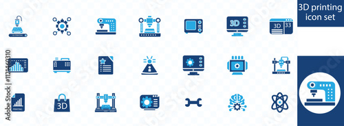 3D printing icon set. Containing 3D printer, modeling, filament, 3D scanner, additive manufacturing, prototype and more.