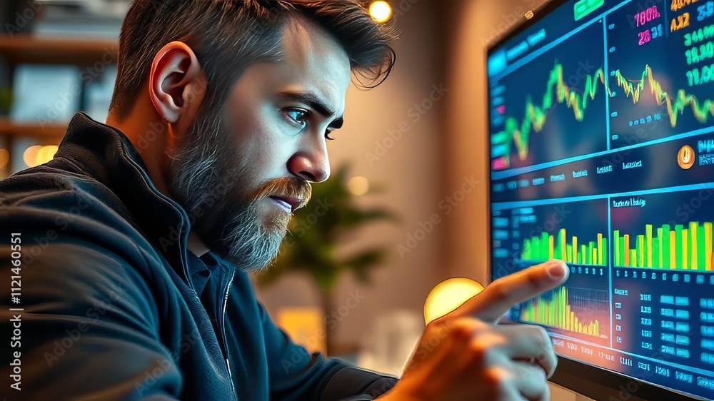 Obraz premium Bearded Businessman Analyzes Financial Dashboard - Cozy Modern Winter Office