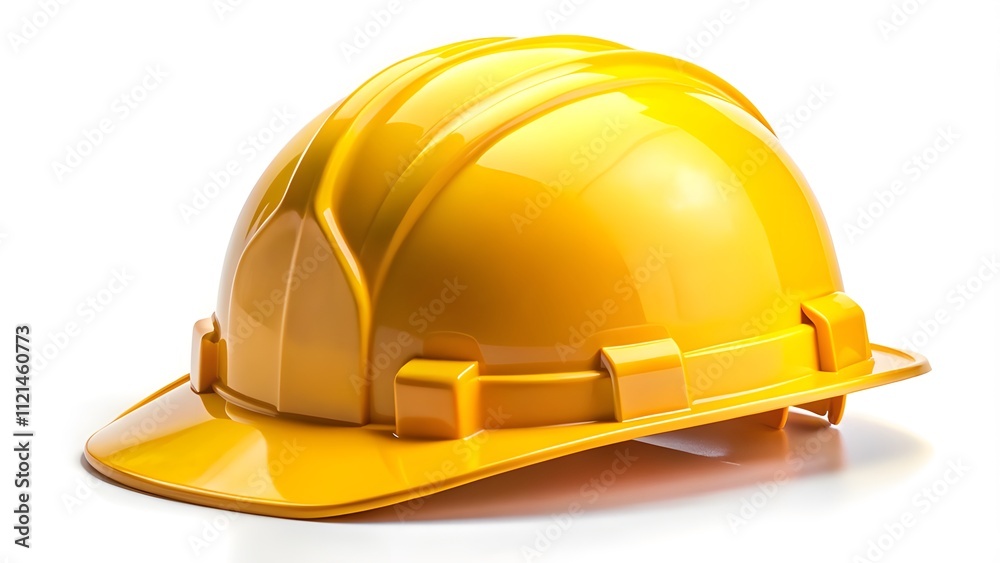 A construction hard hat, isolated on a white background, showcasing its sturdy design and bright yellow color, ideal for safety on construction sites and industrial environments A construction hard hat, isolated on a white background, showcasing its sturdy design and bright yellow color, ideal for safety on construction sites and industrial environments