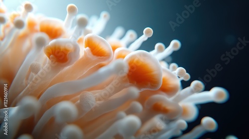 A collection of soft beige fungi forming a tight-knit cluster, intricately detailed, exuding a sense of elegance and the complexity of the natural world. photo