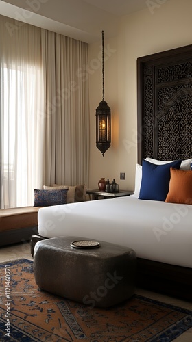 モロッコ風デザインのヘッドボードとランタンが特徴のエレガントなベッドルーム | Elegant Bedroom with Moroccan-Style Headboard and Lanterns