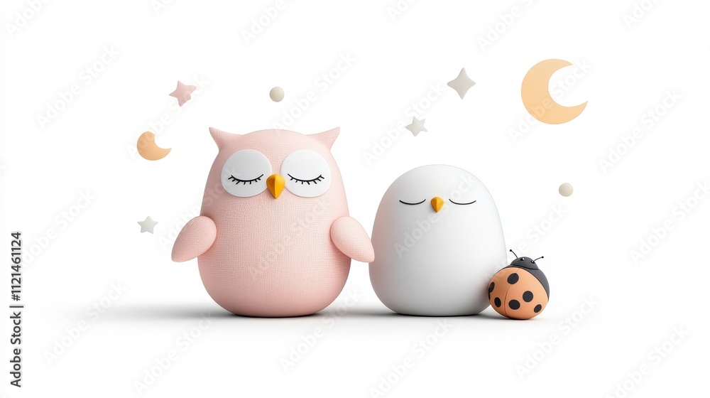 Adorable pastel cartoon owls and a ladybug character sitting together on a serene background with stars and moon elements in a whimsical design for kids' decor Adorable pastel cartoon owls and a ladybug character sitting together on a serene background with stars and moon elements in a whimsical design for kids' decor