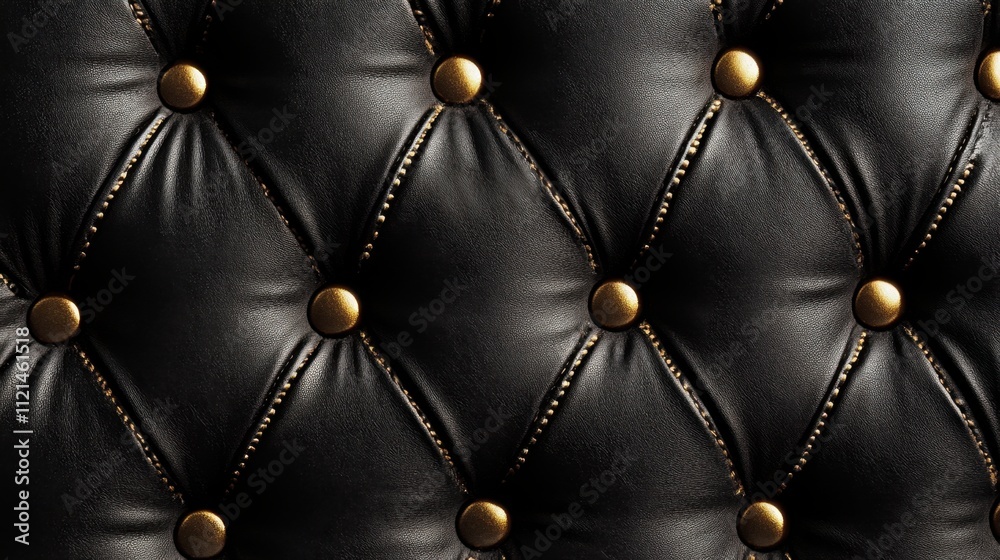 Obraz premium Gold-detailed button tufting on rich black leather upholstery, creating an opulent textured background