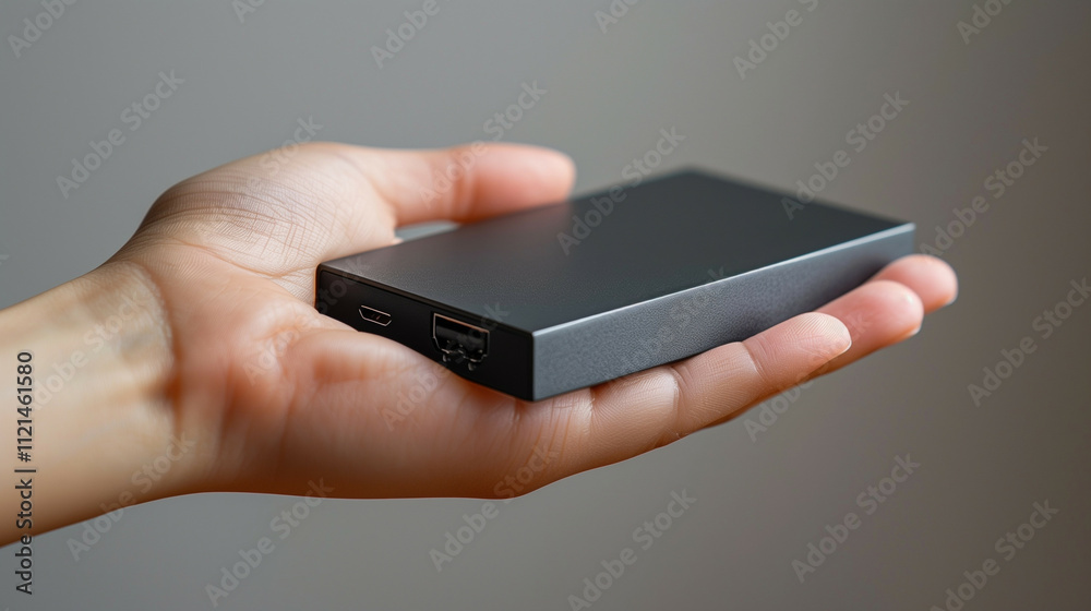 Close-up of a modern external SSD drive connected via a sleek cable, on a flat neutral background Close-up of a modern external SSD drive connected via a sleek cable, on a flat neutral background