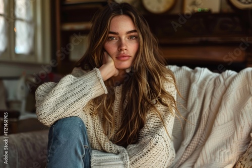 A relaxed person in a cozy sweater, sitting in a warmly lit room with wooden furnishings, exuding comfort and style.