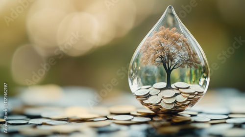 Inside a transparent droplet resembling a teardrop, a tree is surrounded by coins, symbolizing ecology and financial growth against a blurred pale-green background