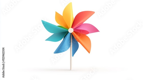 Brightly Colored Pinwheel Spinning Against a Plain White Background, Evoking Joyful Childhood Memories and Fun Outdoor Activities