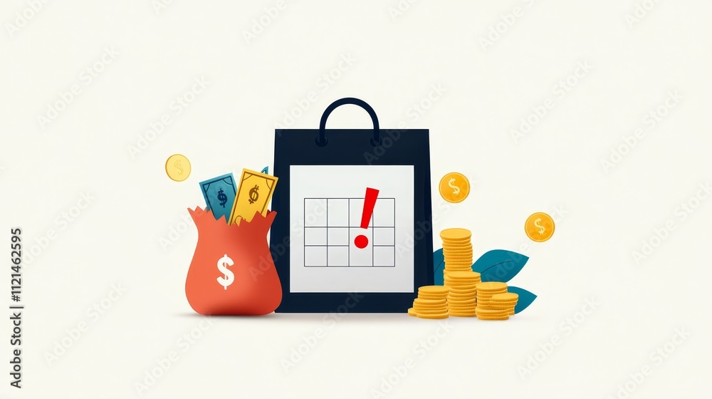 Creative Illustration of Finance Concept Featuring Money Bag, Coins, Calendar, and Shopping Bag to Represent Budgeting and Savings Strategies in Modern Economy Creative Illustration of Finance Concept Featuring Money Bag, Coins, Calendar, and Shopping Bag to Represent Budgeting and Savings Strategies in Modern Economy