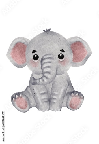 Canvas Print Cute watercolor illustration of a seated elephant with soft pink accents